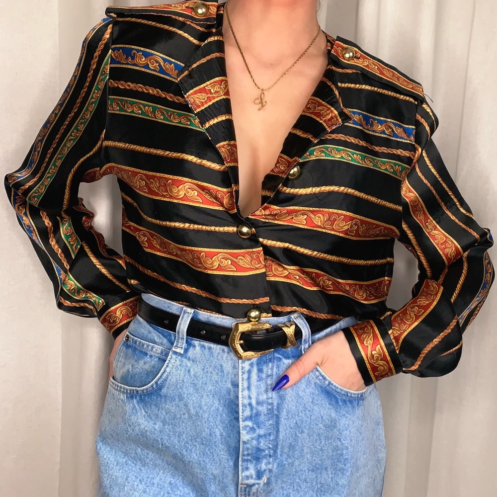 Vintage Silky Gold & Red Patterned Button Up Blouse - size S/M